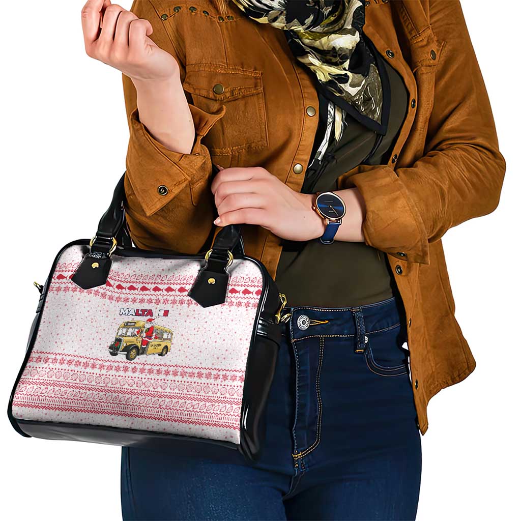 Malta Christmas Shoulder Handbag with Santa Driving Vintage Bus Malta Flag and Red White Festive Pattern Design - Wonder Print Shop