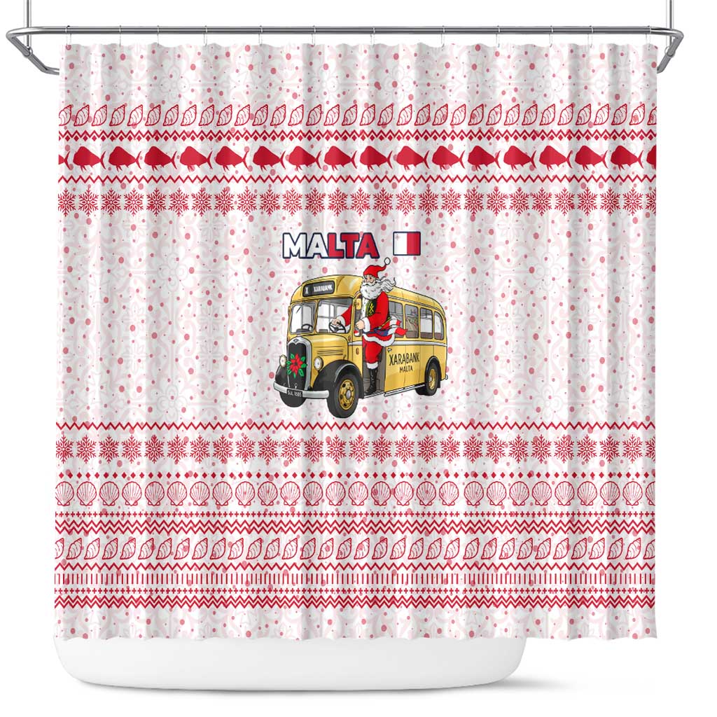 Malta Christmas Shower Curtain with Santa Driving Vintage Bus Malta Flag and Red White Festive Pattern Design - Wonder Print Shop