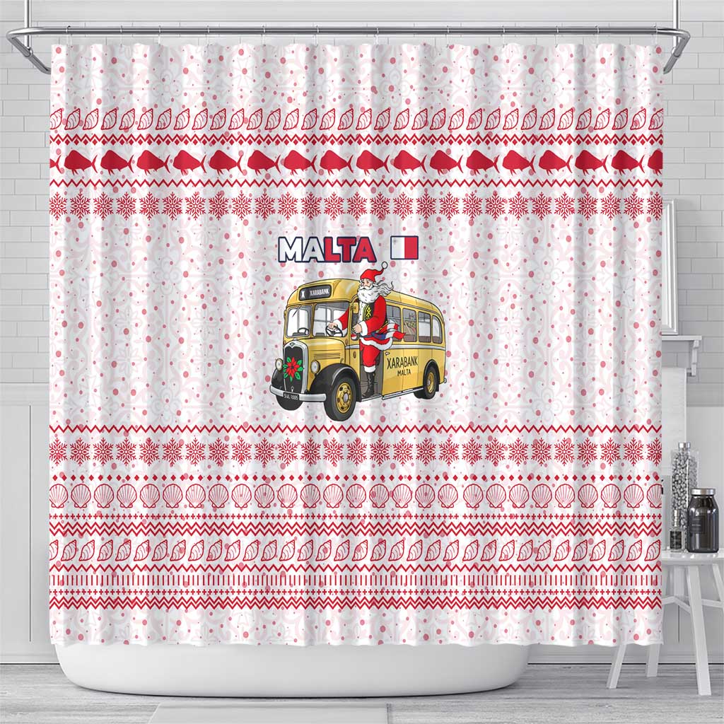 Malta Christmas Shower Curtain with Santa Driving Vintage Bus Malta Flag and Red White Festive Pattern Design - Wonder Print Shop