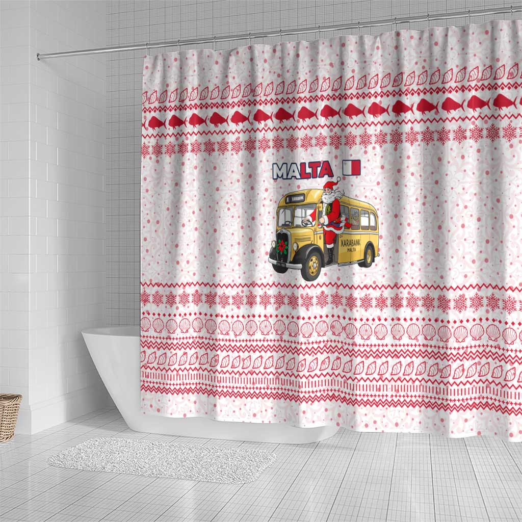 Malta Christmas Shower Curtain with Santa Driving Vintage Bus Malta Flag and Red White Festive Pattern Design - Wonder Print Shop