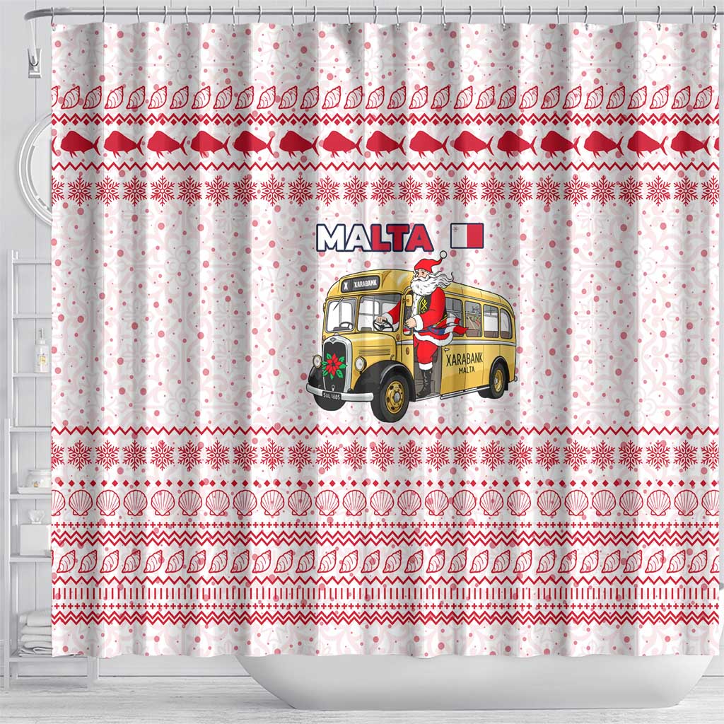 Malta Christmas Shower Curtain with Santa Driving Vintage Bus Malta Flag and Red White Festive Pattern Design - Wonder Print Shop