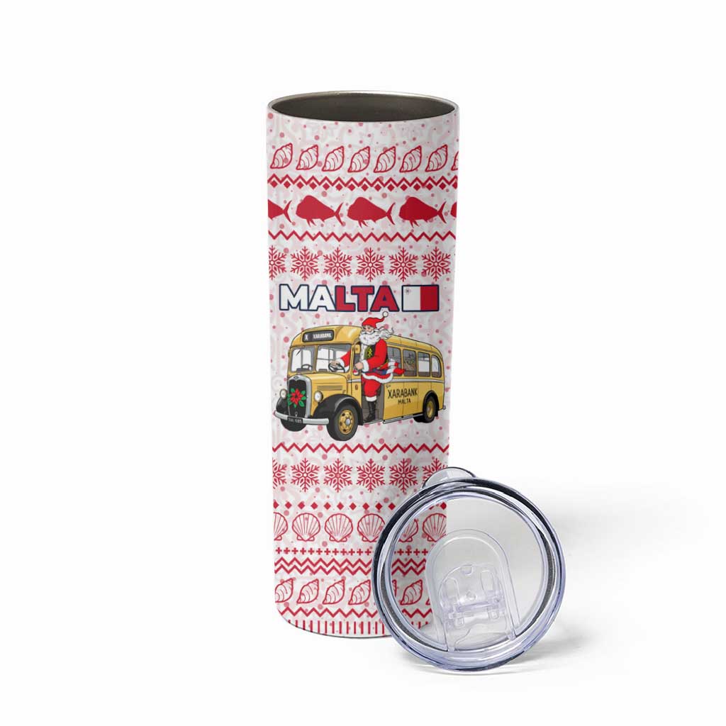 Malta Christmas Skinny Tumbler with Santa Driving Vintage Bus Malta Flag and Red White Festive Pattern Design - Wonder Print Shop
