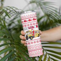 Malta Christmas Skinny Tumbler with Santa Driving Vintage Bus Malta Flag and Red White Festive Pattern Design - Wonder Print Shop