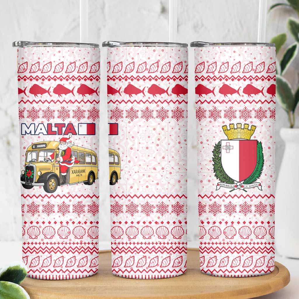 Malta Christmas Skinny Tumbler with Santa Driving Vintage Bus Malta Flag and Red White Festive Pattern Design - Wonder Print Shop