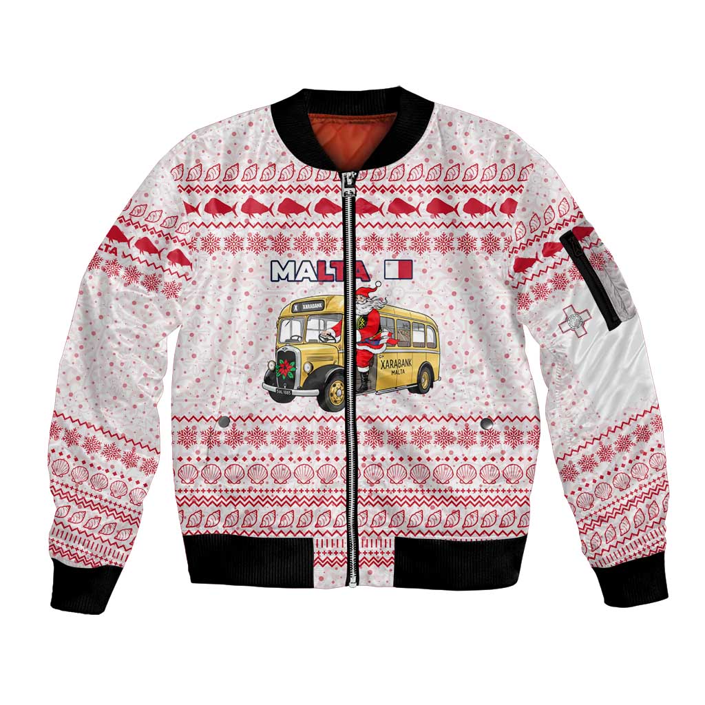 Malta Christmas Sleeve Zip Bomber Jacket with Santa Driving Vintage Bus Malta Flag and Red White Festive Pattern Design - Wonder Print Shop
