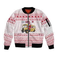 Malta Christmas Sleeve Zip Bomber Jacket with Santa Driving Vintage Bus Malta Flag and Red White Festive Pattern Design - Wonder Print Shop