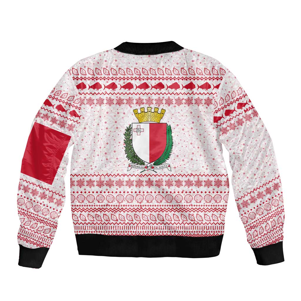 Malta Christmas Sleeve Zip Bomber Jacket with Santa Driving Vintage Bus Malta Flag and Red White Festive Pattern Design - Wonder Print Shop
