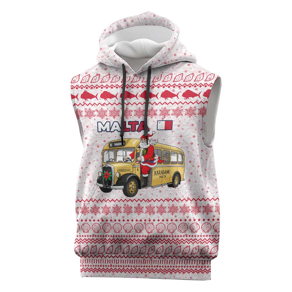 Malta Christmas Sleeveless Hoodie with Santa Driving Vintage Bus Malta Flag and Red White Festive Pattern Design - Wonder Print Shop