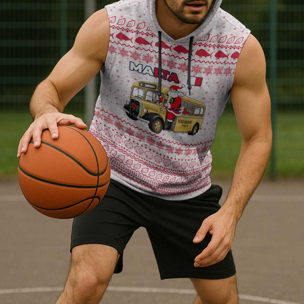 Malta Christmas Sleeveless Hoodie with Santa Driving Vintage Bus Malta Flag and Red White Festive Pattern Design - Wonder Print Shop