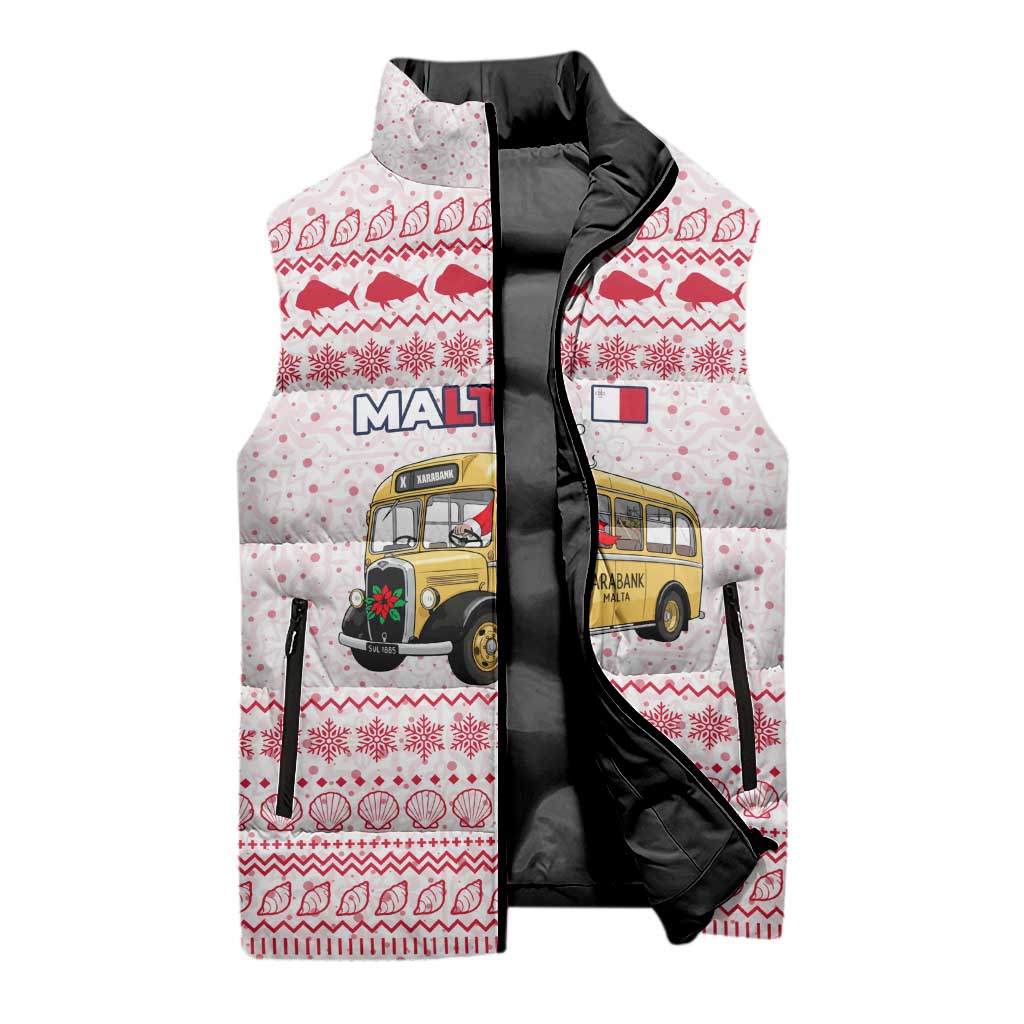 Malta Christmas Sleeveless Puffer Jacket with Santa Driving Vintage Bus Malta Flag and Red White Festive Pattern Design - Wonder Print Shop