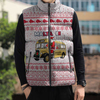 Malta Christmas Sleeveless Puffer Jacket with Santa Driving Vintage Bus Malta Flag and Red White Festive Pattern Design - Wonder Print Shop