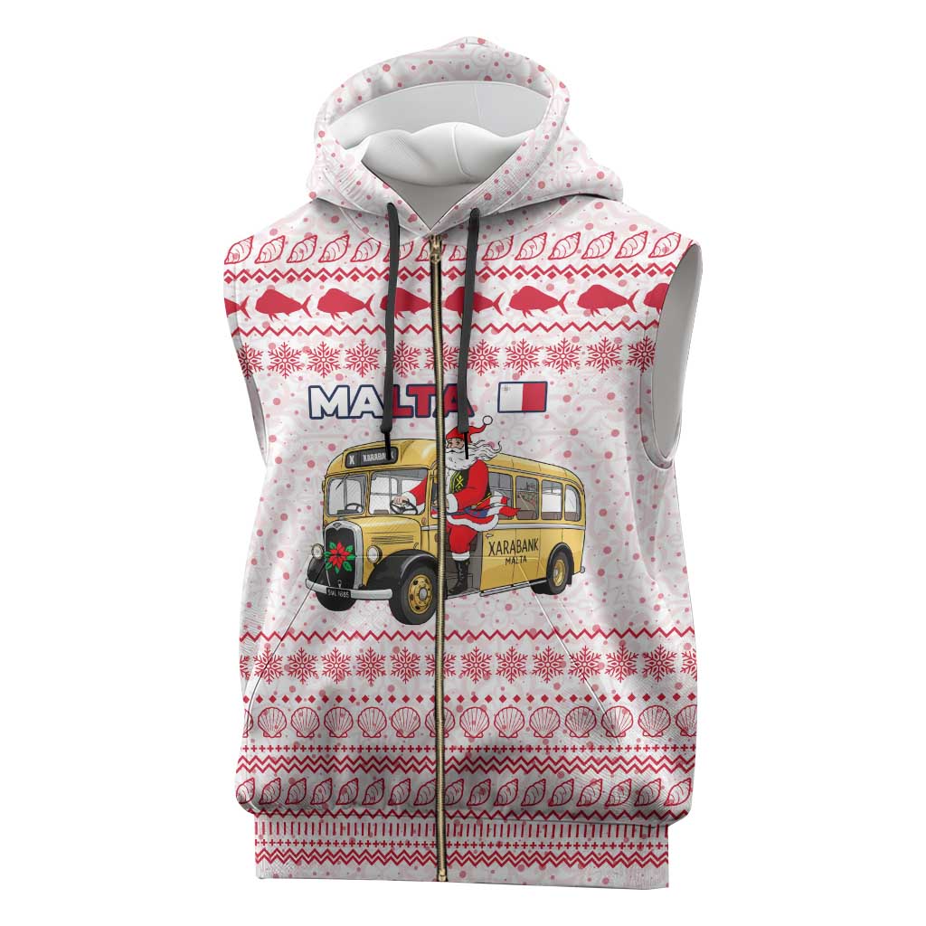 Malta Christmas Sleeveless Zip Hoodie with Santa Driving Vintage Bus Malta Flag and Red White Festive Pattern Design - Wonder Print Shop