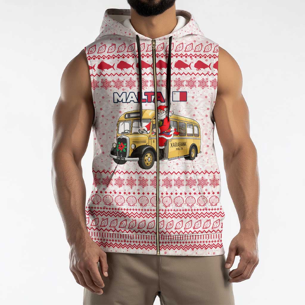 Malta Christmas Sleeveless Zip Hoodie with Santa Driving Vintage Bus Malta Flag and Red White Festive Pattern Design - Wonder Print Shop