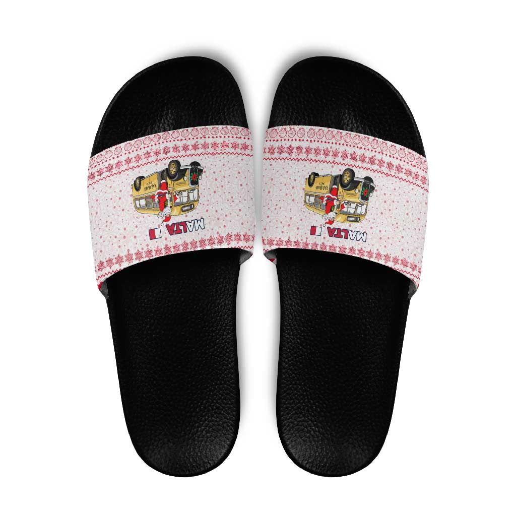 Malta Christmas Slide Sandals with Santa Driving Vintage Bus Malta Flag and Red White Festive Pattern Design - Wonder Print Shop
