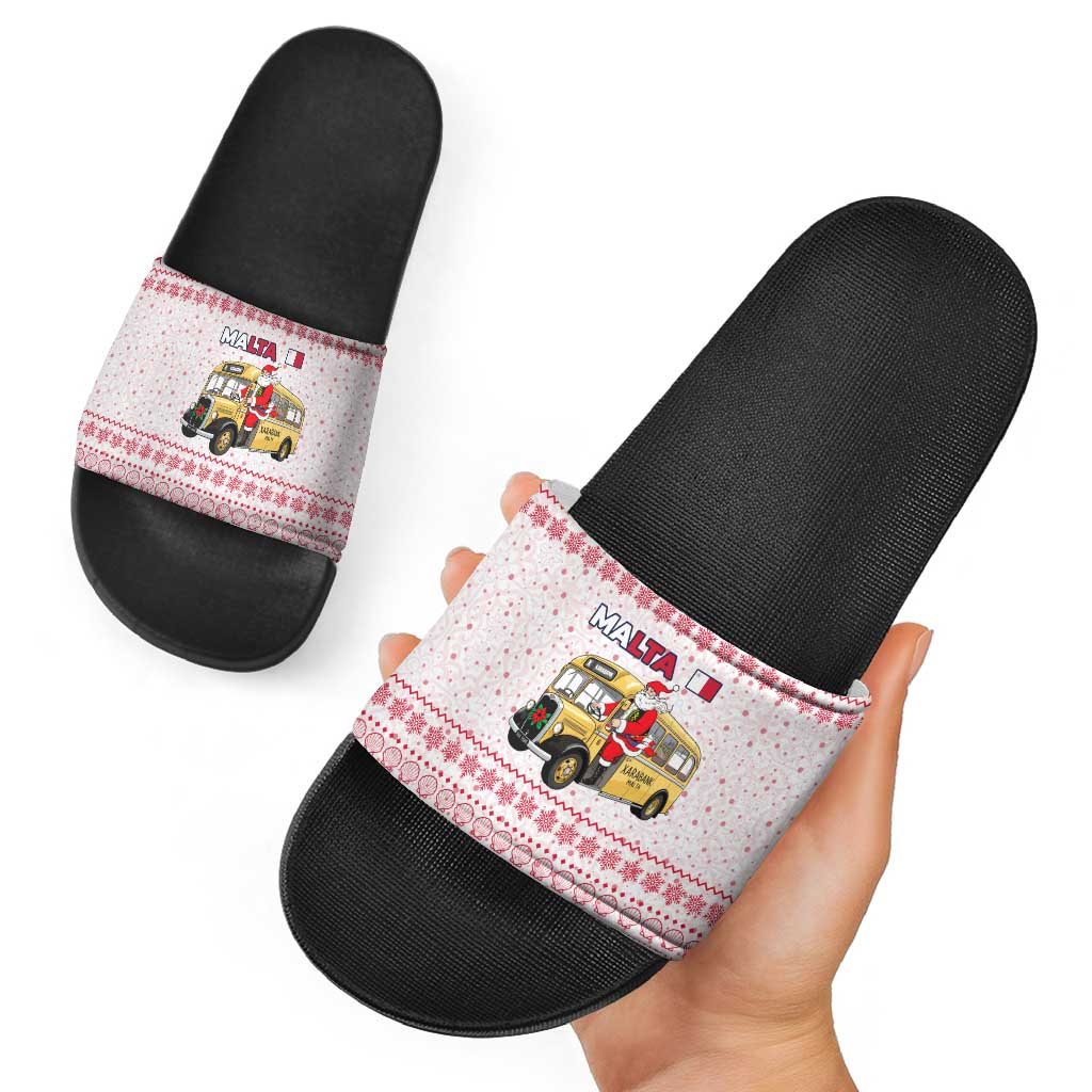 Malta Christmas Slide Sandals with Santa Driving Vintage Bus Malta Flag and Red White Festive Pattern Design - Wonder Print Shop