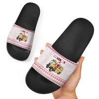 Malta Christmas Slide Sandals with Santa Driving Vintage Bus Malta Flag and Red White Festive Pattern Design - Wonder Print Shop
