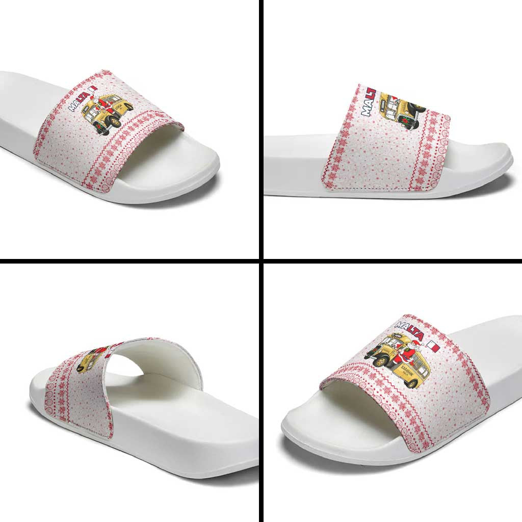 Malta Christmas Slide Sandals with Santa Driving Vintage Bus Malta Flag and Red White Festive Pattern Design - Wonder Print Shop