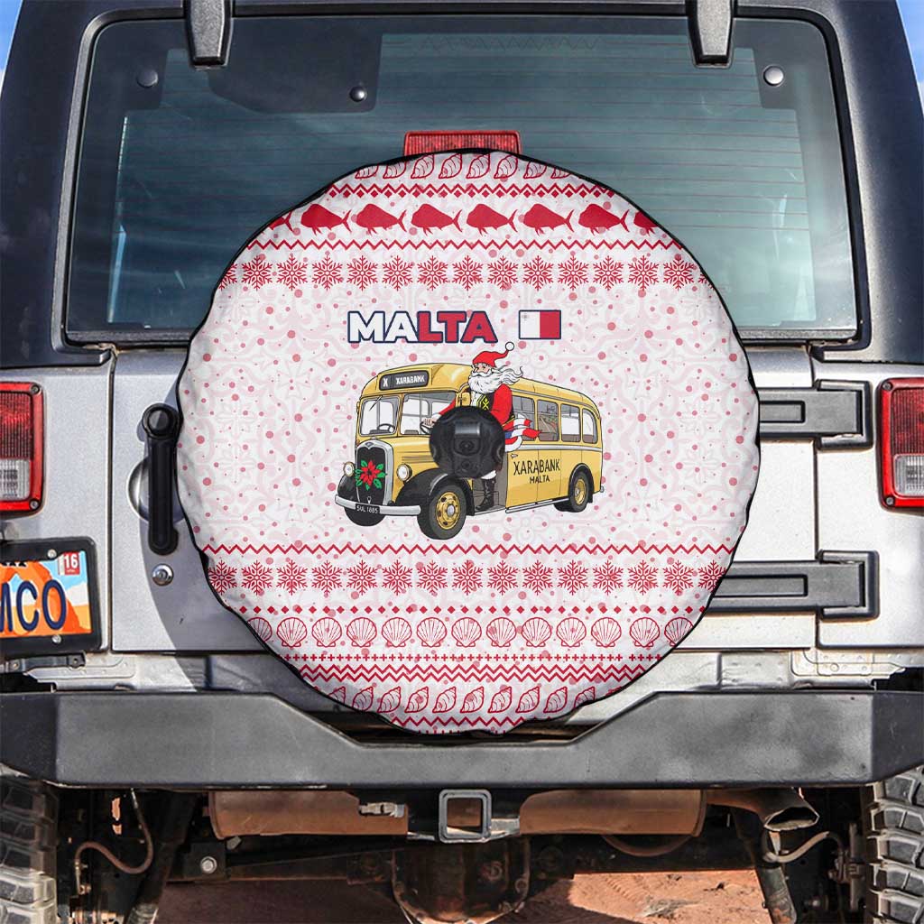 Malta Christmas Spare Tire Cover with Santa Driving Vintage Bus Malta Flag and Red White Festive Pattern Design - Wonder Print Shop