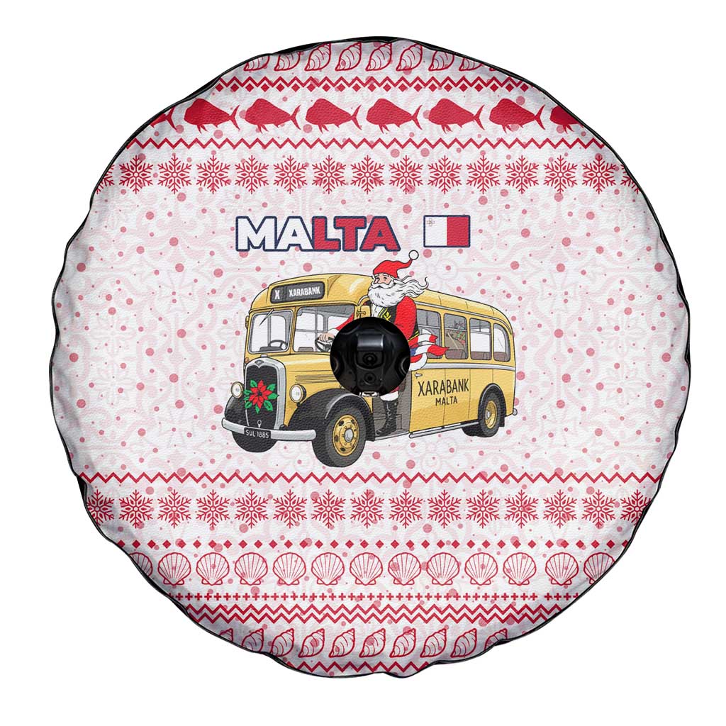 Malta Christmas Spare Tire Cover with Santa Driving Vintage Bus Malta Flag and Red White Festive Pattern Design - Wonder Print Shop
