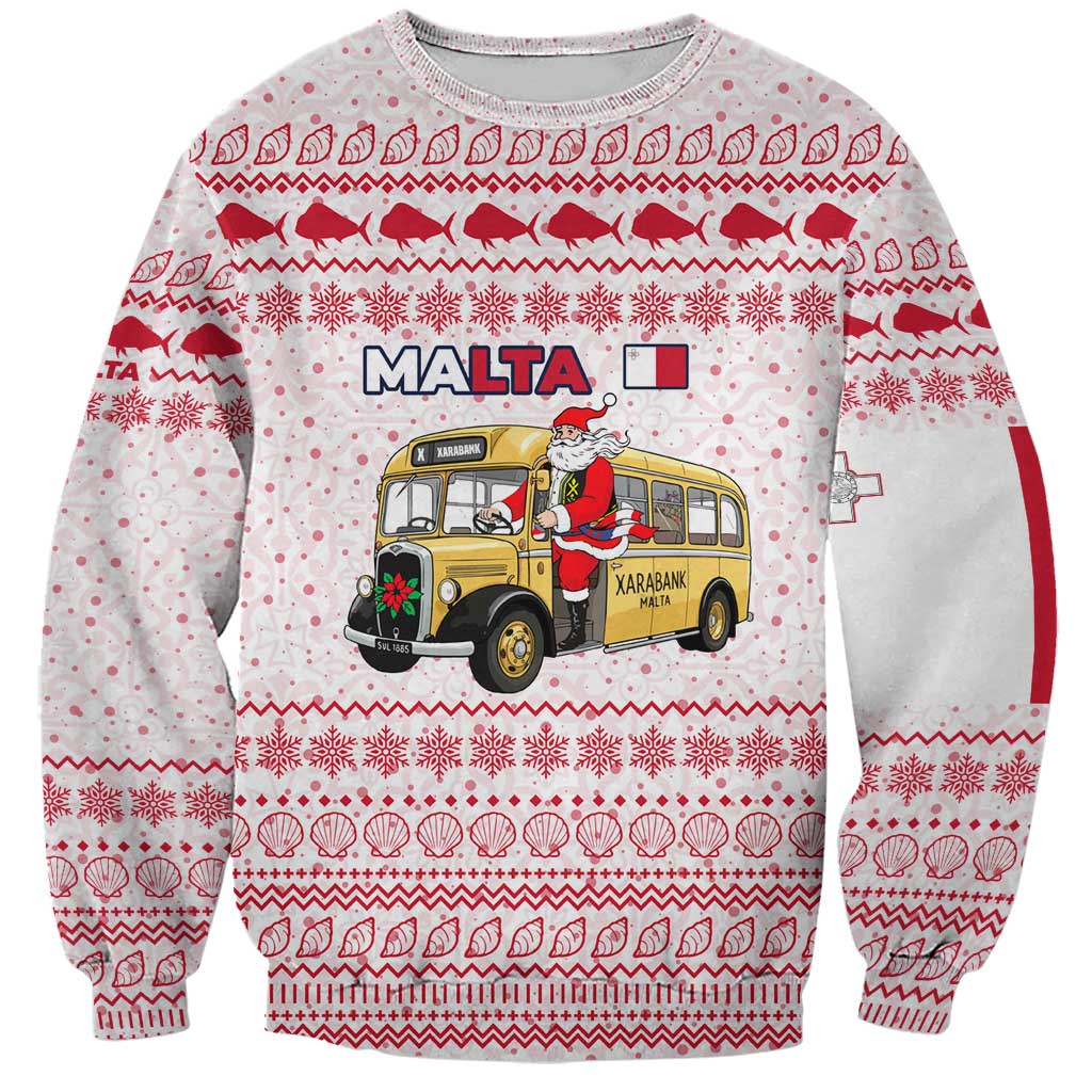 Malta Christmas Sweatshirt with Santa Driving Vintage Bus Malta Flag and Red White Festive Pattern Design - Wonder Print Shop