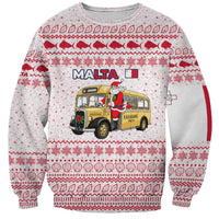 Malta Christmas Sweatshirt with Santa Driving Vintage Bus Malta Flag and Red White Festive Pattern Design - Wonder Print Shop