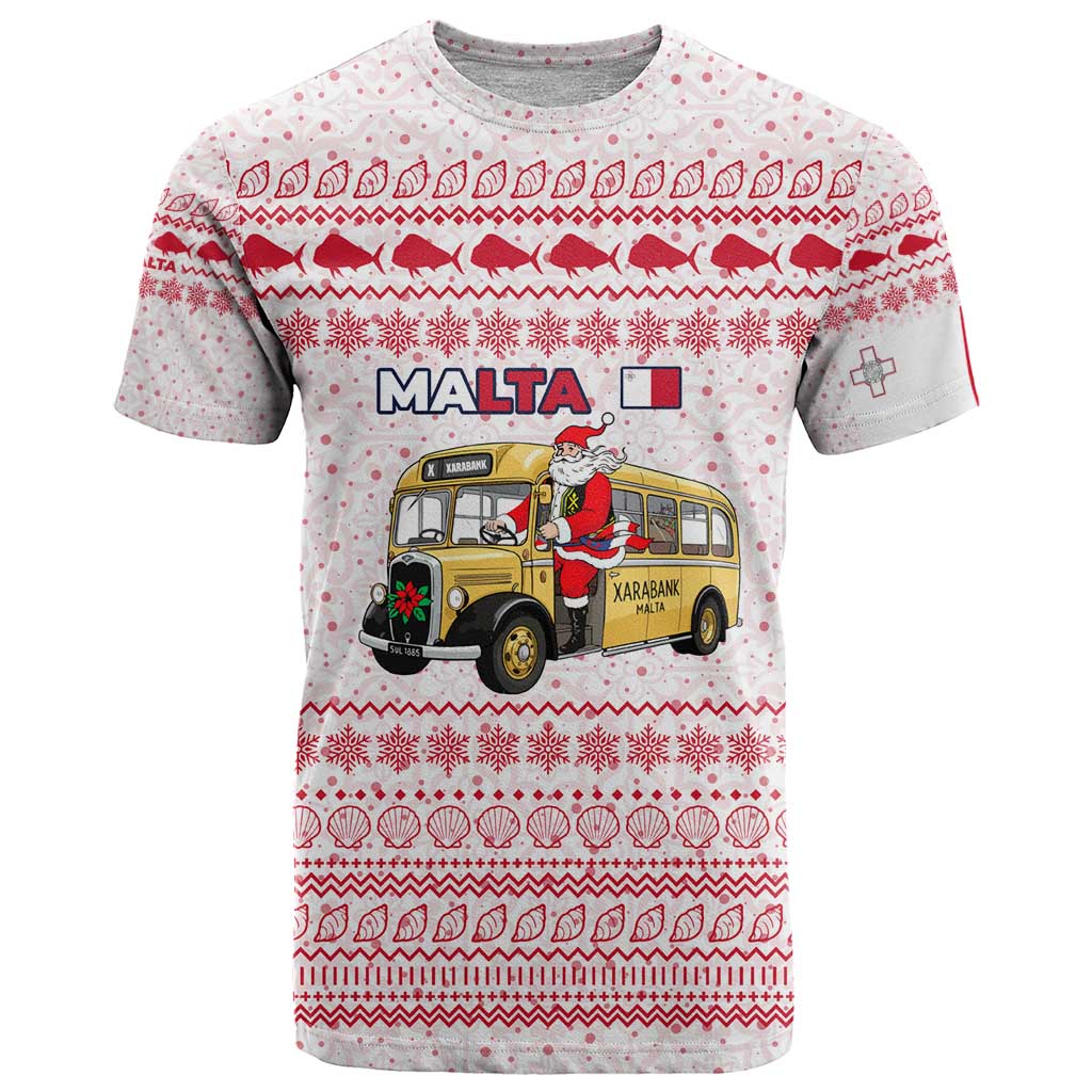 Malta Christmas T Shirt with Santa Driving Vintage Bus Malta Flag and Red White Festive Pattern Design - Wonder Print Shop