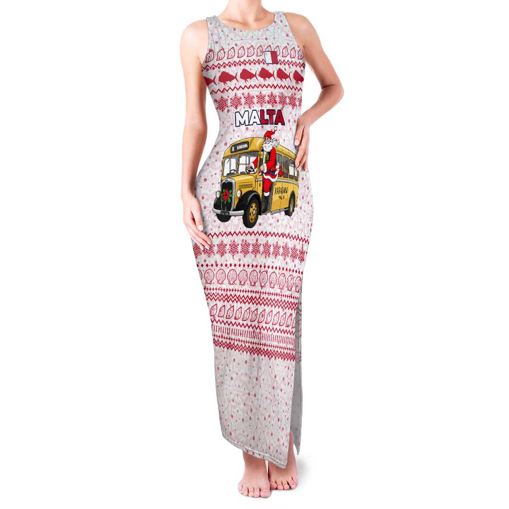 Malta Christmas Tank Maxi Dress with Santa Driving Vintage Bus Malta Flag and Red White Festive Pattern Design - Wonder Print Shop