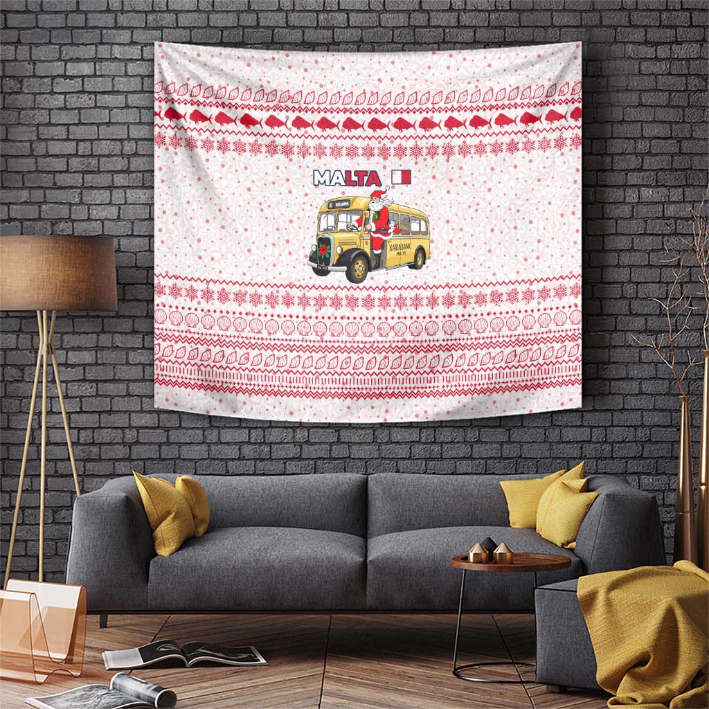 Malta Christmas Tapestry with Santa Driving Vintage Bus Malta Flag and Red White Festive Pattern Design - Wonder Print Shop