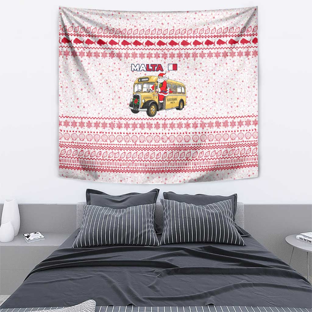 Malta Christmas Tapestry with Santa Driving Vintage Bus Malta Flag and Red White Festive Pattern Design - Wonder Print Shop