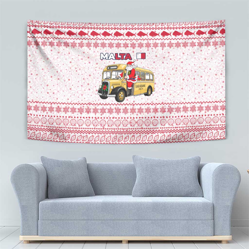 Malta Christmas Tapestry with Santa Driving Vintage Bus Malta Flag and Red White Festive Pattern Design - Wonder Print Shop
