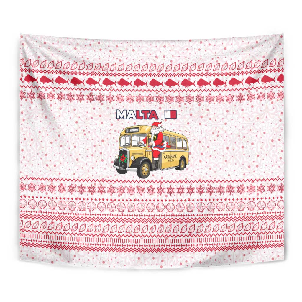 Malta Christmas Tapestry with Santa Driving Vintage Bus Malta Flag and Red White Festive Pattern Design - Wonder Print Shop