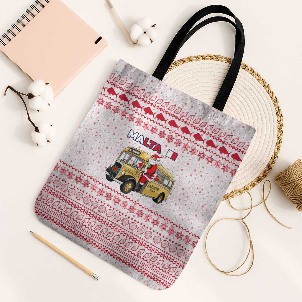 Malta Christmas Tote Bag with Santa Driving Vintage Bus Malta Flag and Red White Festive Pattern Design - Wonder Print Shop