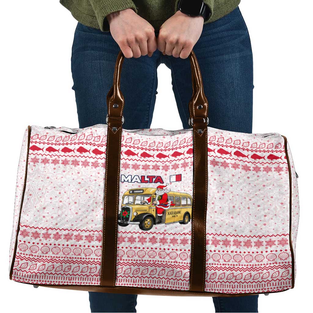 Malta Christmas Travel Bag with Santa Driving Vintage Bus Malta Flag and Red White Festive Pattern Design - Wonder Print Shop