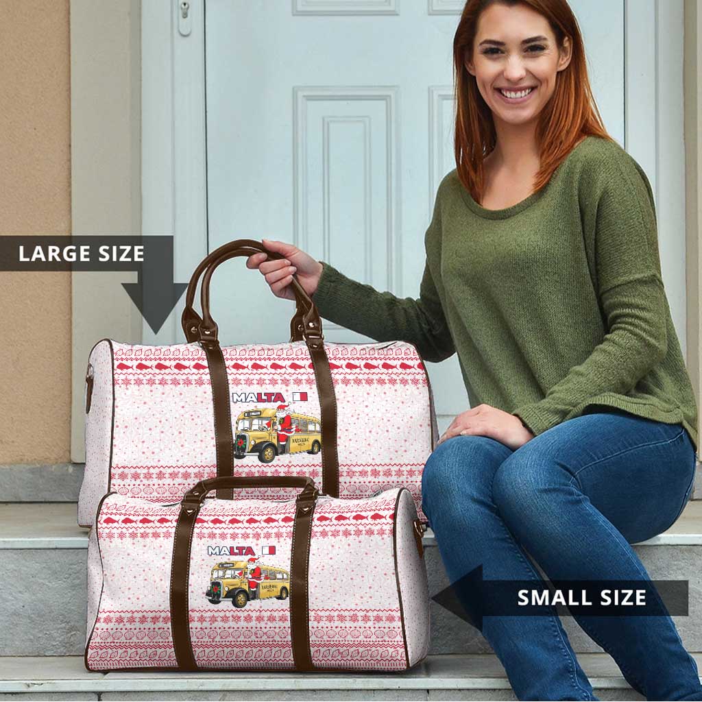Malta Christmas Travel Bag with Santa Driving Vintage Bus Malta Flag and Red White Festive Pattern Design - Wonder Print Shop