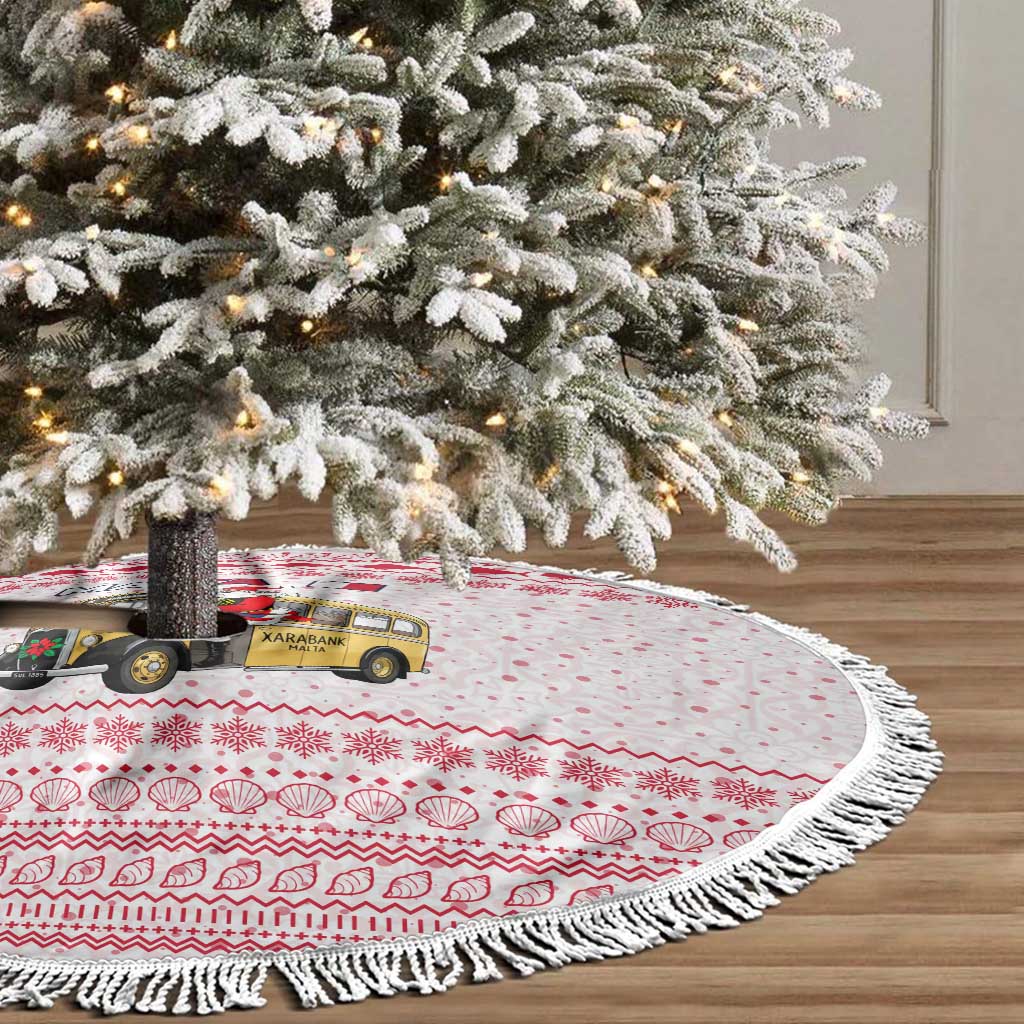 Malta Christmas Tree Skirt with Santa Driving Vintage Bus Malta Flag and Red White Festive Pattern Design - Wonder Print Shop