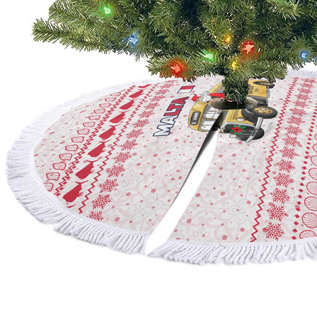 Malta Christmas Tree Skirt with Santa Driving Vintage Bus Malta Flag and Red White Festive Pattern Design - Wonder Print Shop