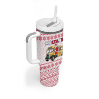 Malta Christmas Tumbler With Handle with Santa Driving Vintage Bus Malta Flag and Red White Festive Pattern Design - Wonder Print Shop