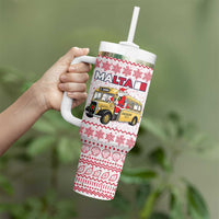 Malta Christmas Tumbler With Handle with Santa Driving Vintage Bus Malta Flag and Red White Festive Pattern Design - Wonder Print Shop