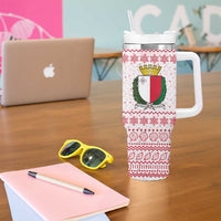 Malta Christmas Tumbler With Handle with Santa Driving Vintage Bus Malta Flag and Red White Festive Pattern Design - Wonder Print Shop