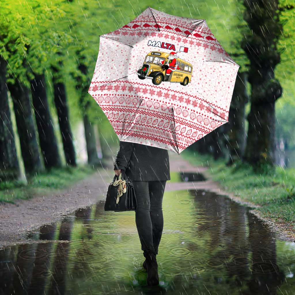 Malta Christmas Umbrella with Santa Driving Vintage Bus Malta Flag and Red White Festive Pattern Design - Wonder Print Shop