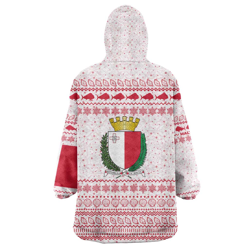 Malta Christmas Wearable Blanket Hoodie with Santa Driving Vintage Bus Malta Flag and Red White Festive Pattern Design - Wonder Print Shop