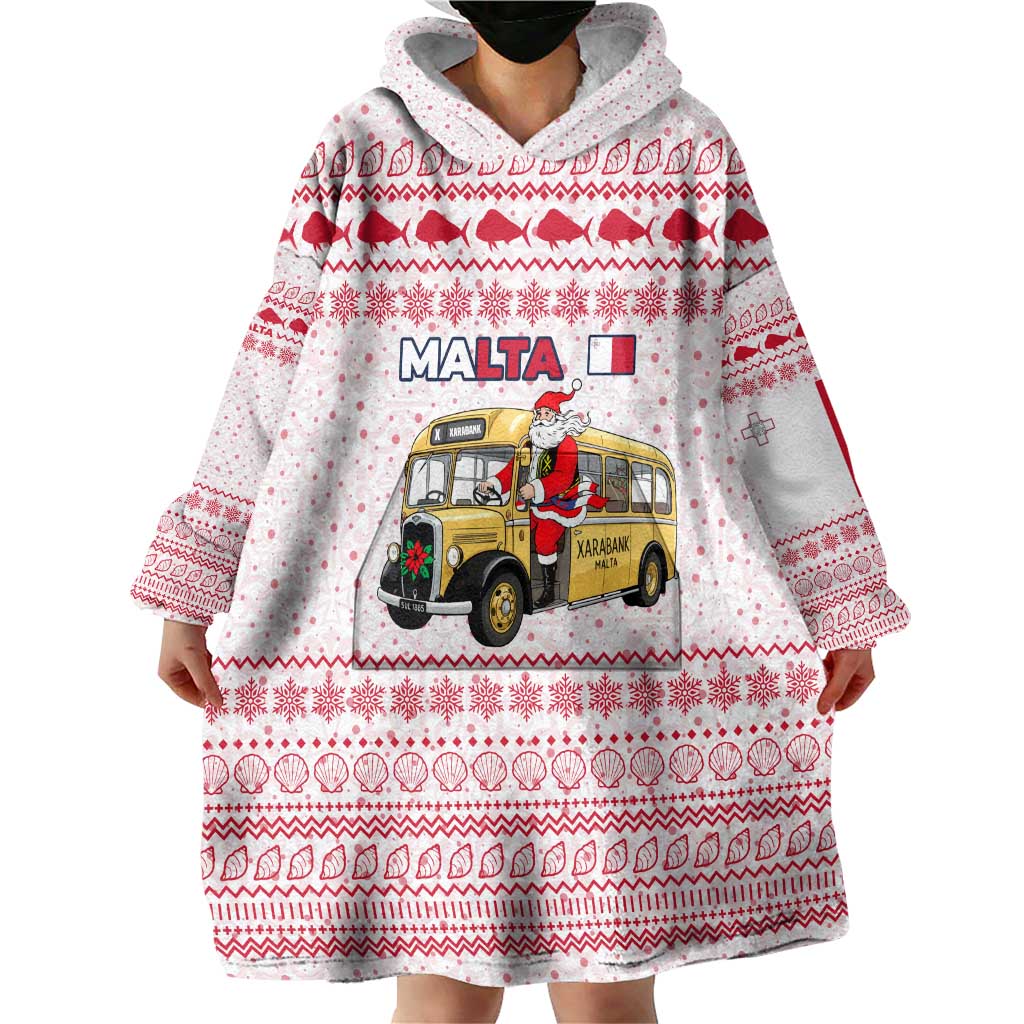Malta Christmas Wearable Blanket Hoodie with Santa Driving Vintage Bus Malta Flag and Red White Festive Pattern Design - Wonder Print Shop