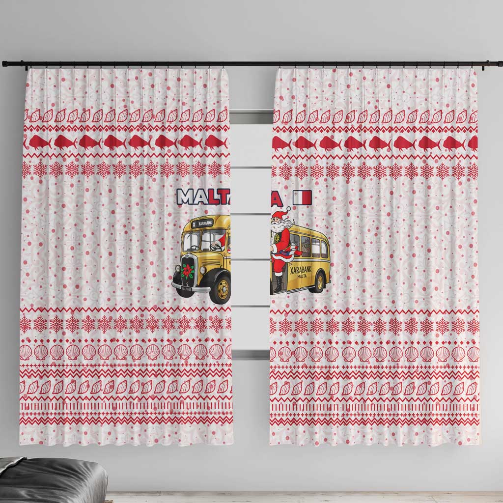 Malta Christmas Window Curtain with Santa Driving Vintage Bus Malta Flag and Red White Festive Pattern Design - Wonder Print Shop