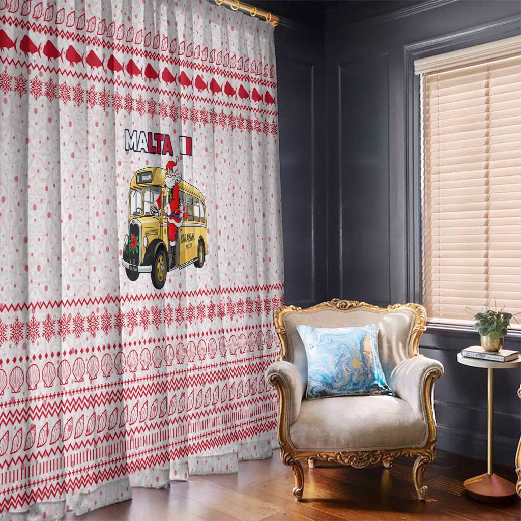 Malta Christmas Window Curtain with Santa Driving Vintage Bus Malta Flag and Red White Festive Pattern Design - Wonder Print Shop