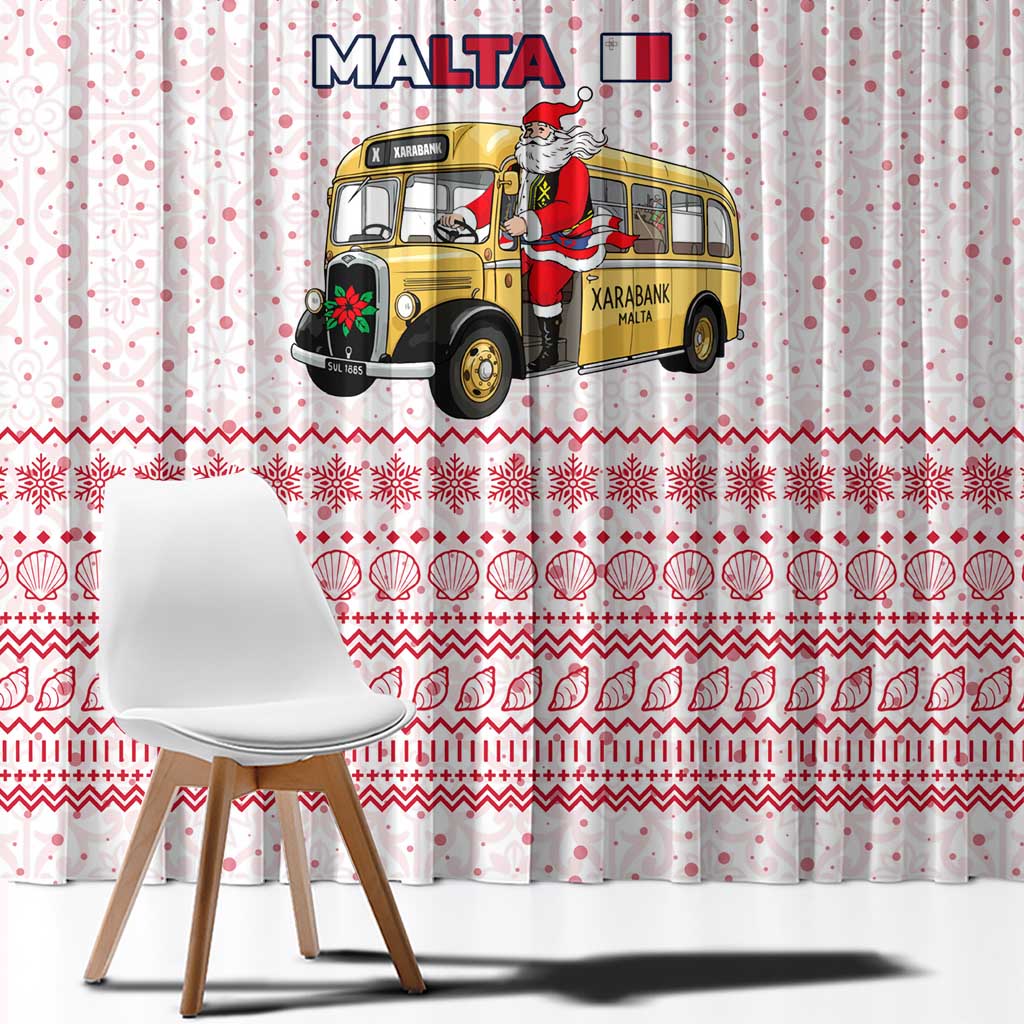 Malta Christmas Window Curtain with Santa Driving Vintage Bus Malta Flag and Red White Festive Pattern Design - Wonder Print Shop