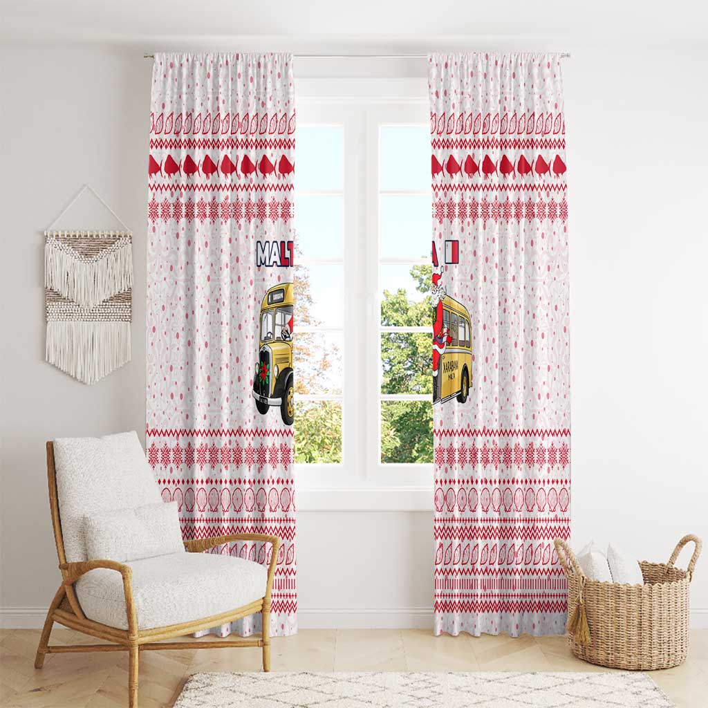 Malta Christmas Window Curtain with Santa Driving Vintage Bus Malta Flag and Red White Festive Pattern Design - Wonder Print Shop