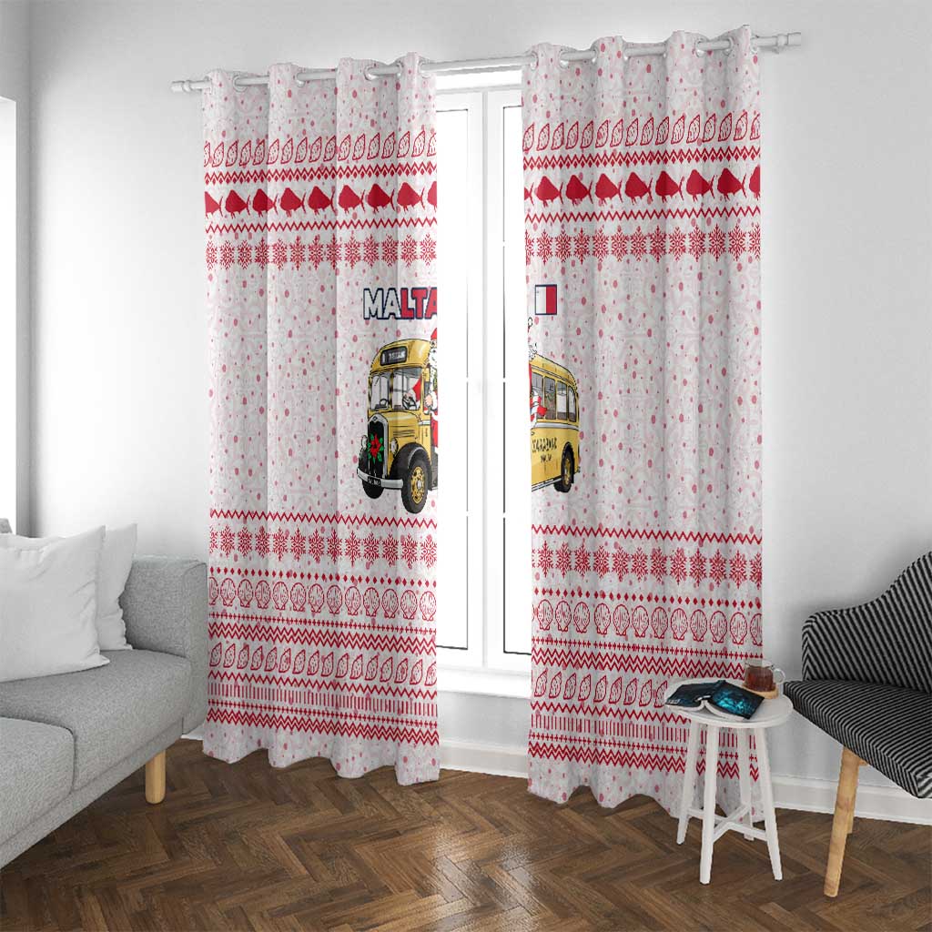 Malta Christmas Window Curtain with Santa Driving Vintage Bus Malta Flag and Red White Festive Pattern Design - Wonder Print Shop