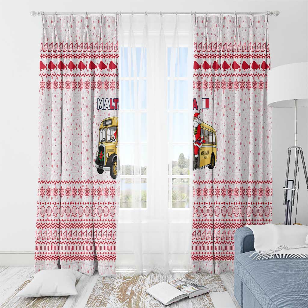 Malta Christmas Window Curtain with Santa Driving Vintage Bus Malta Flag and Red White Festive Pattern Design - Wonder Print Shop