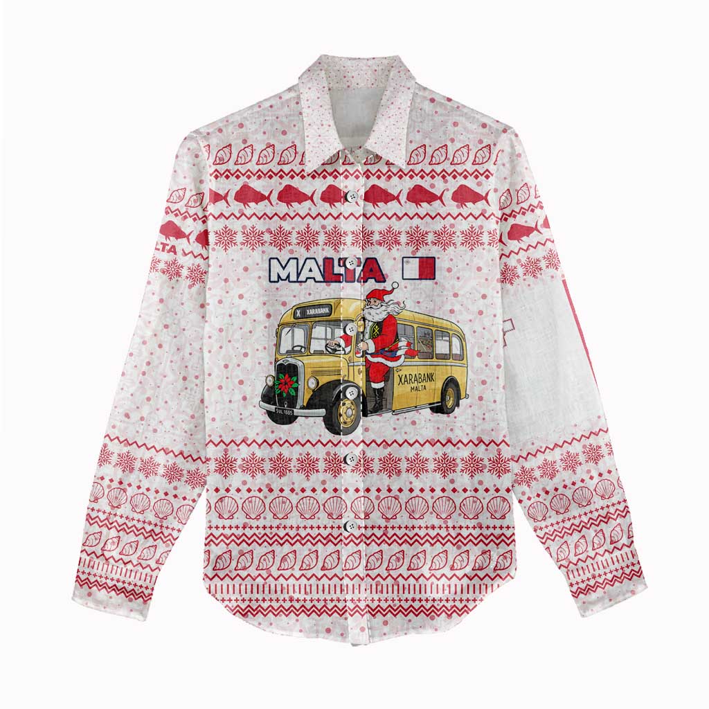Malta Christmas Women Casual Shirt with Santa Driving Vintage Bus Malta Flag and Red White Festive Pattern Design - Wonder Print Shop