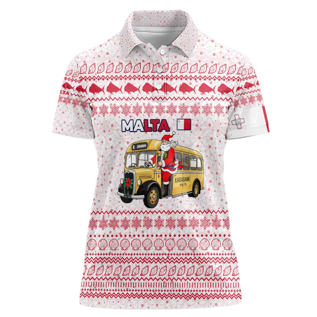Malta Christmas Women Polo Shirt with Santa Driving Vintage Bus Malta Flag and Red White Festive Pattern Design - Wonder Print Shop